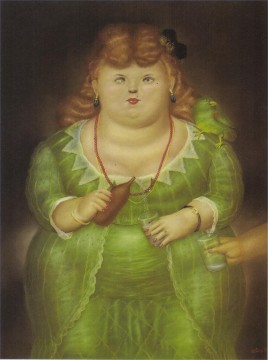 350 人の有名アーティストによるアート作品 Painting - オウムを持つ女性 フェルナンド・ボテロ